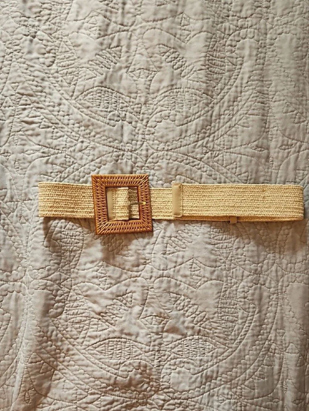 Source Unknown Beige Woven Belt with Rattan Square Buckle